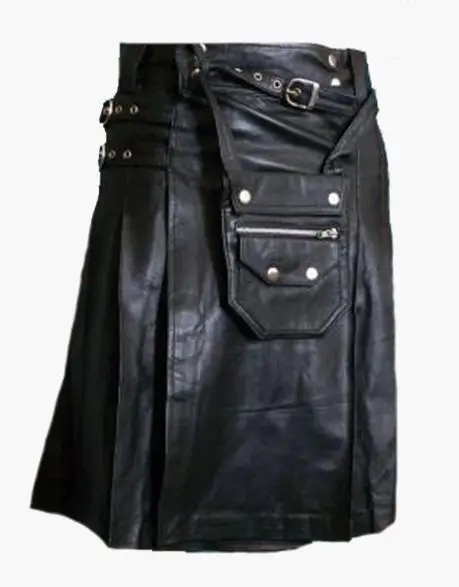 Scottish Black Leather Utility Kilt with Front Pocket