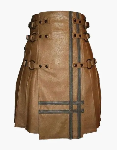 Scottish Brown Leather Kilt With Gothic Style