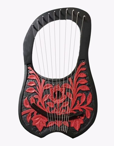 Black Rosewood 10 String Lyre Harp with Red Flower